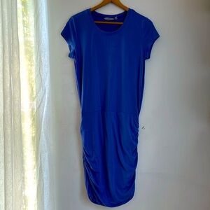 ATHLETA Women’s Medium Blue Purple Spandex Blend Short Sleeve Cinch Midi Dress